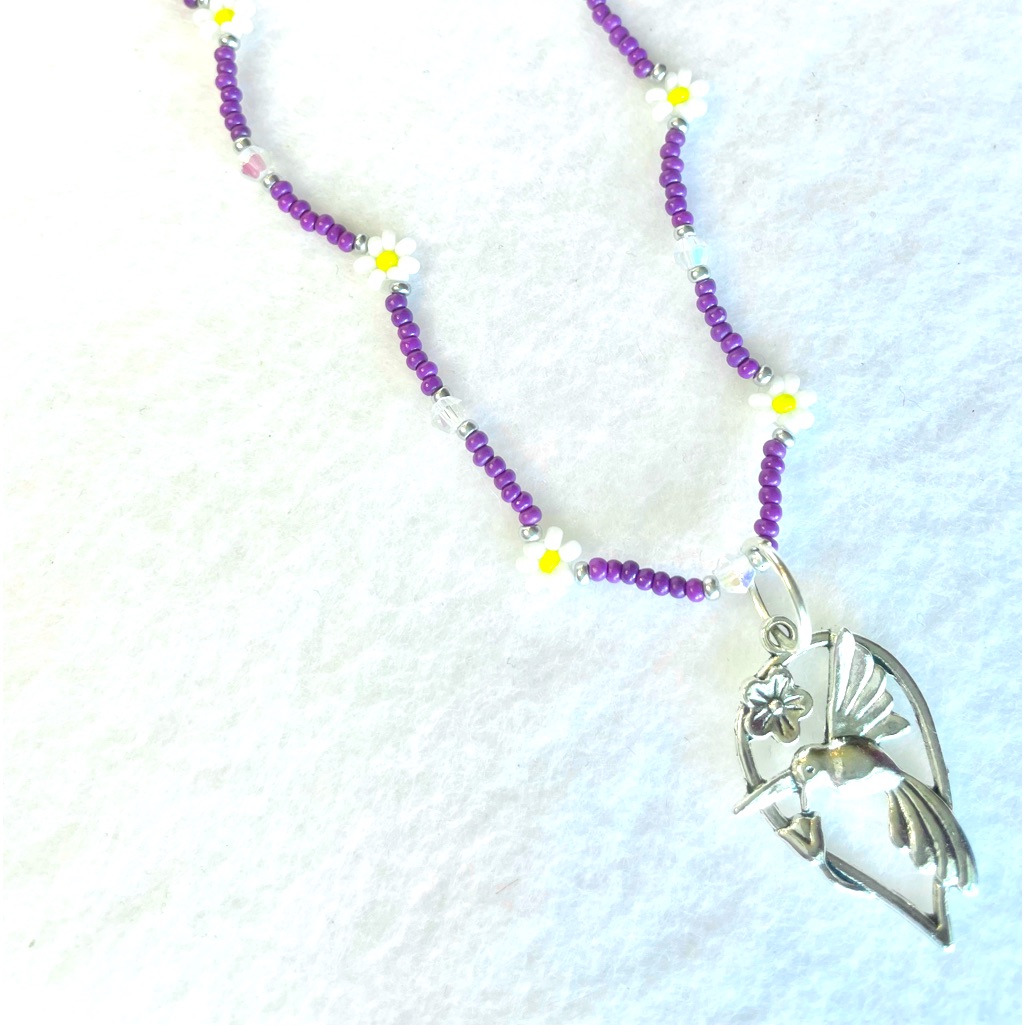Hummingbird Necklace 16 -18 Inches Daisy Flower Purple Crystals Modern
